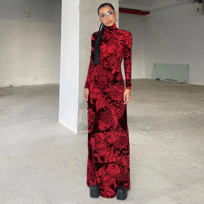 Vintage print mesh maxi-jurk voor dames 2025, trendy slanke, pure bodycon-jurk met lange mouwen en opstaande hals, elegante feestoutfit, nieuw