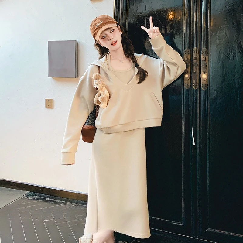 French style elegant two piece set 2025 autumn new solid color casual hooded shorts style pullover+neck hanging dress set