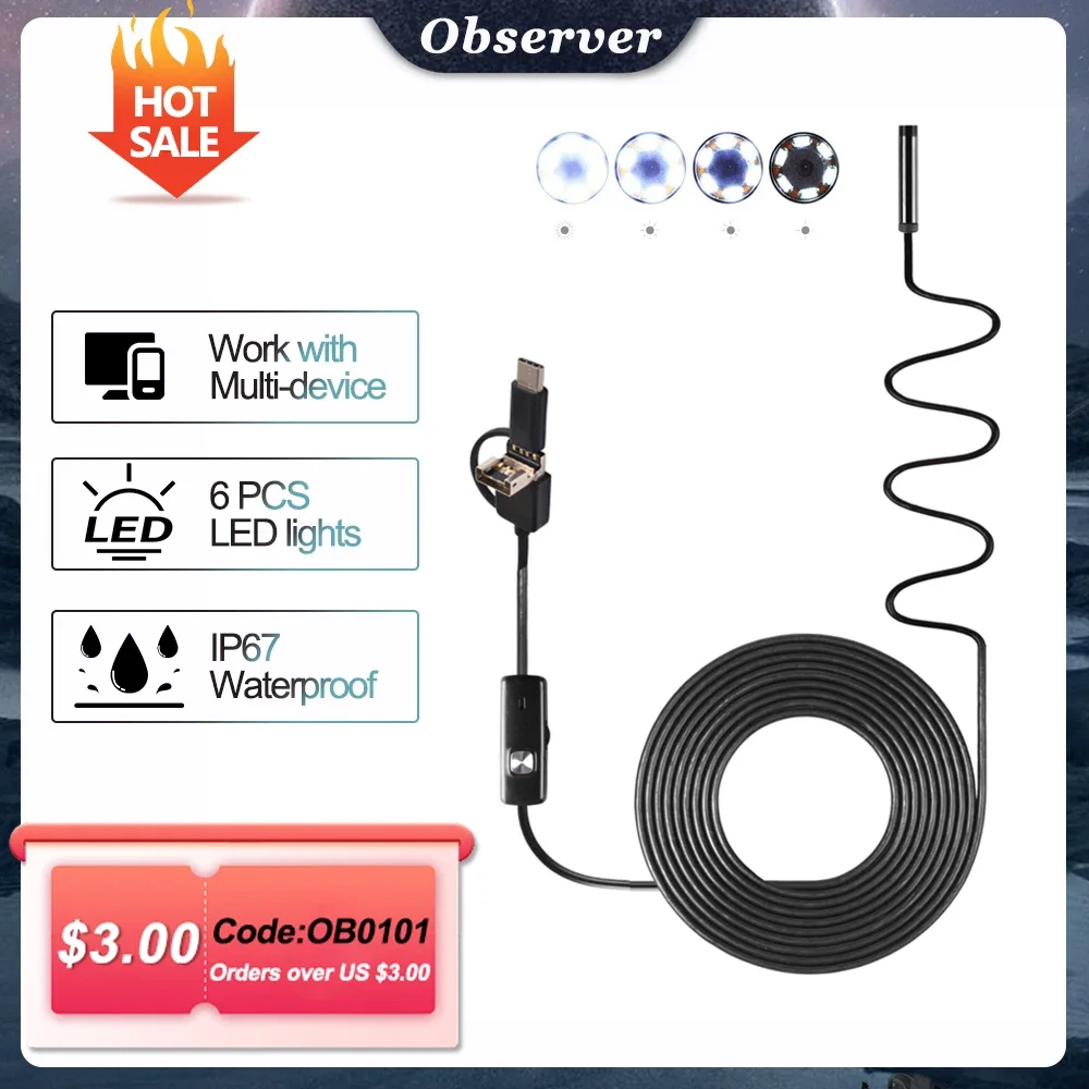 

7MM Android Endoscope Mini Camera 3IN1 Micro USB Type-c Borescope IP67 Waterproof LED Car Inspection Phone Security Protection