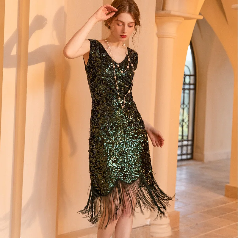 1920s Flapper Vintage Sequin Dress Gatsby Prom Tassel Dress Party Banquet Dance Dress Toast Dress