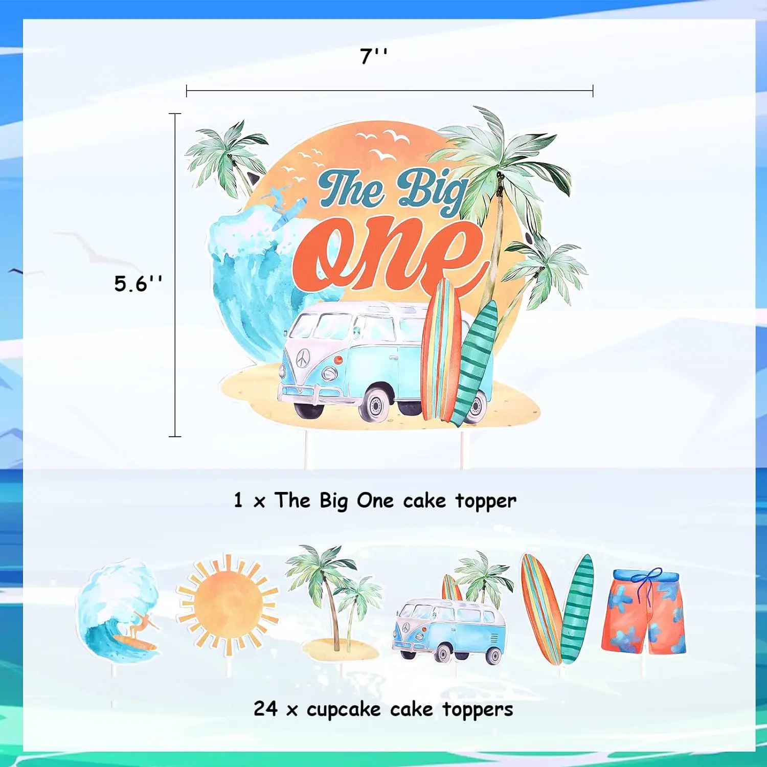 25Pcs The Big One Surf Cake Toppers for 1st Birthday Summer Beach Birthday Decor for Boy Girl’s First Birthday Party Supplies