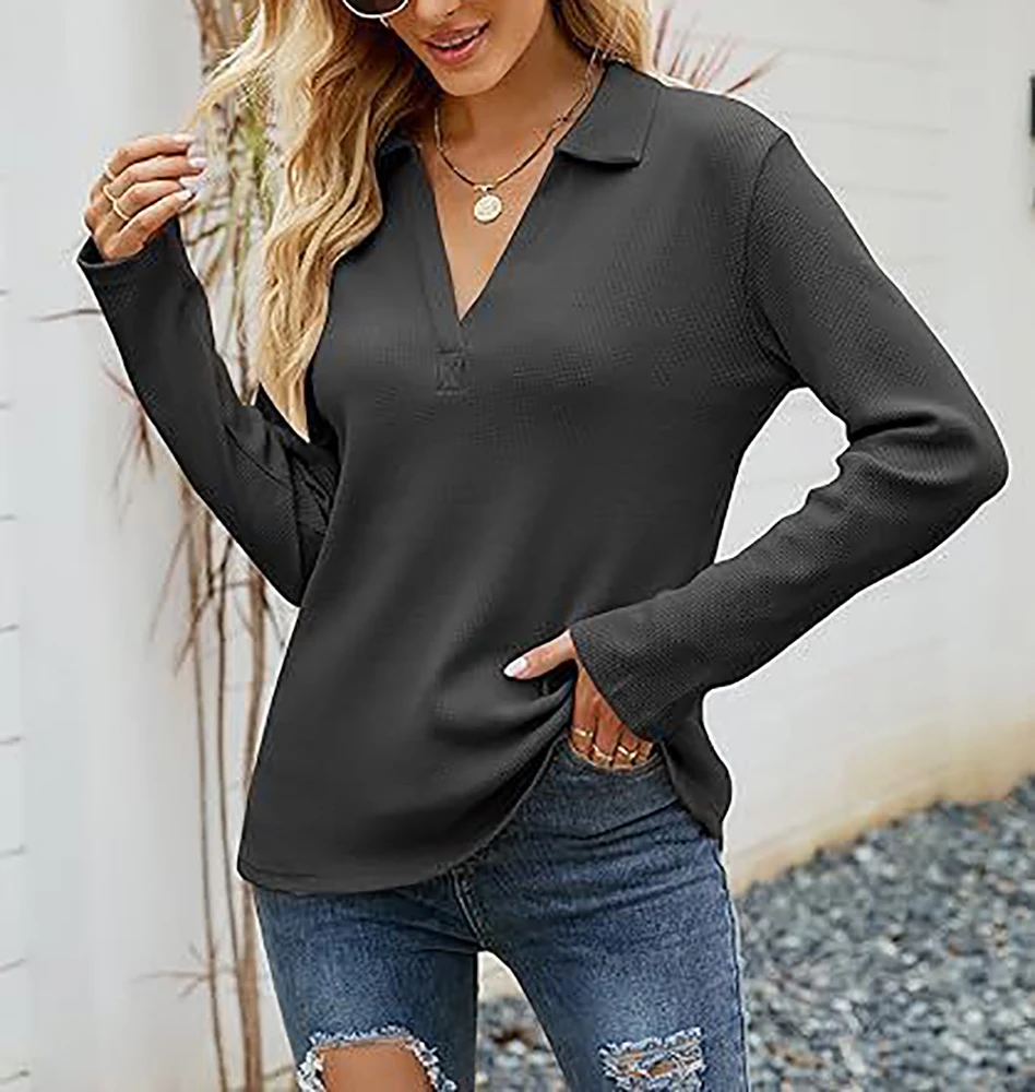 

Women's Solid Color Shirts Casual Long Sleeve V Neck Thermal T-shirts Loose Fit Waffle Knit Soft Tees