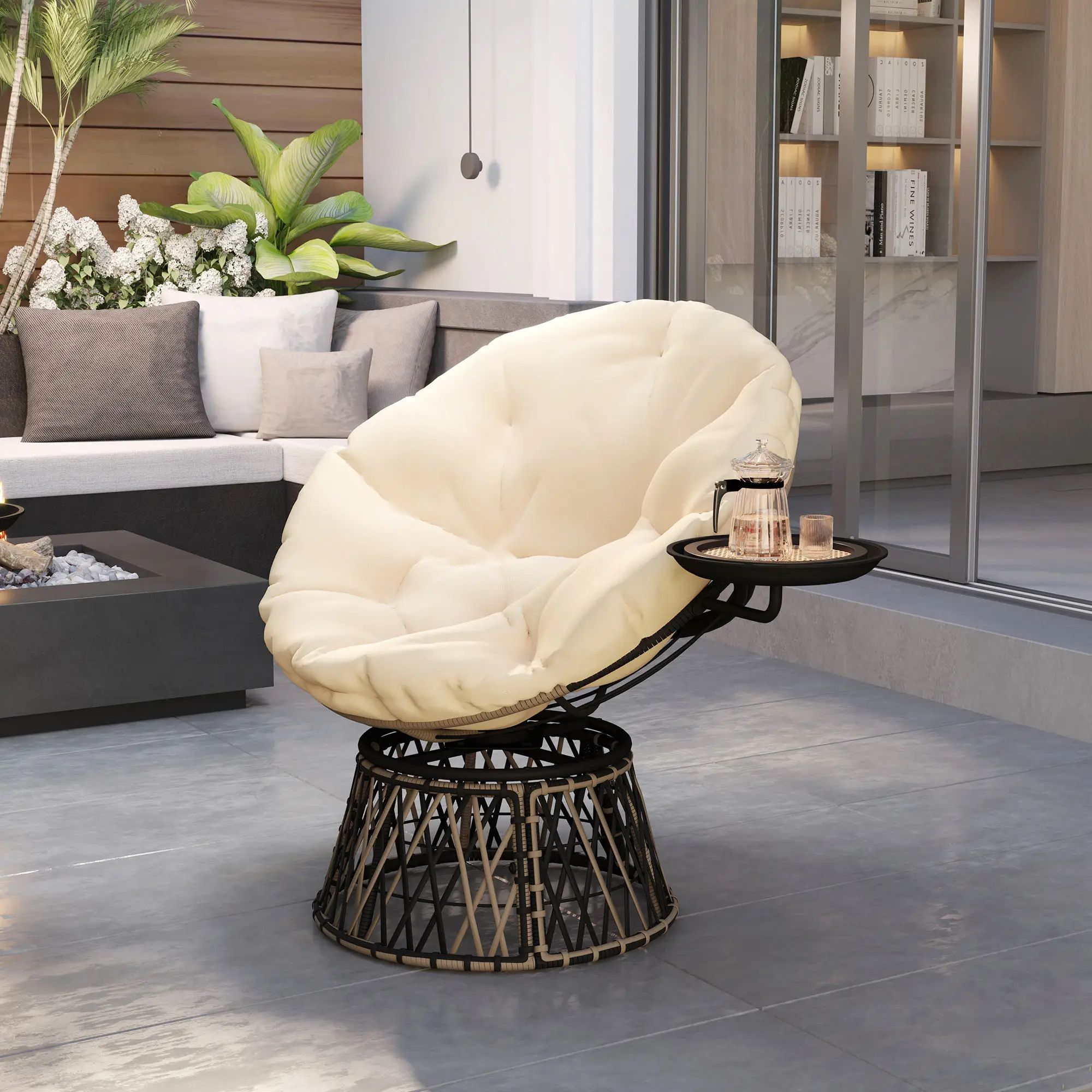 Outdoor Furniture Metal Chairs - 39インチの屋外用回転椅子、サイドトレイ付き、オーバースタッフドパパサンチェア