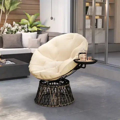 39" Outdoor Swivel Chair with Side Tray, Overstuffed Papasan Chair