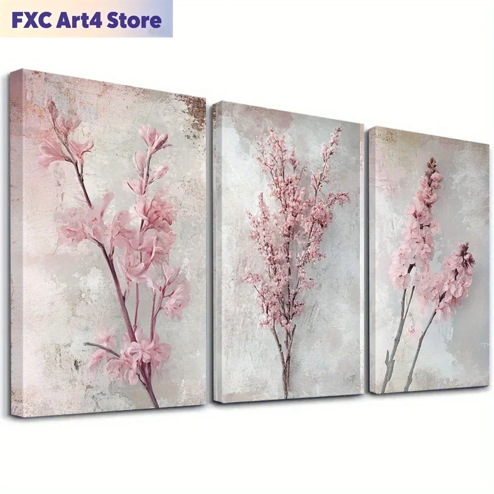 Frameless3pcs Framed Botanical Poster, Pink Flowers Canvas Print Wall Painting, Brushstrokes Poster, Floral Art Prints, Abstract
