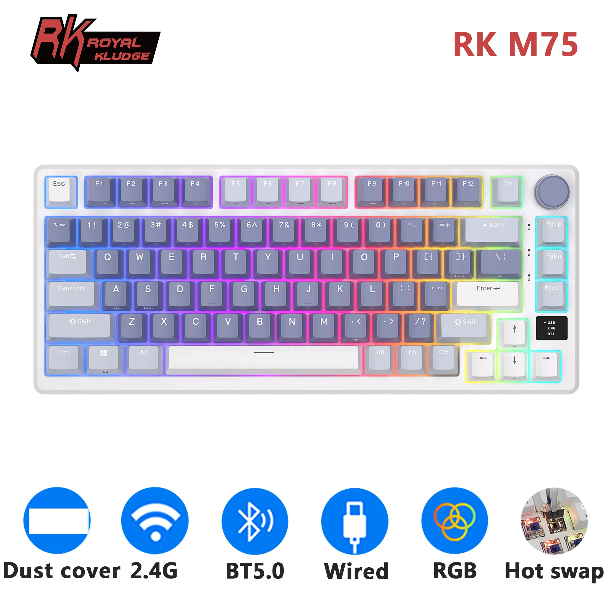 

RK ROYAL KLUDGE M75 2,4G Беспроводная/Bluetooth/USB-C Механическая клавиатура 81 клавиш RGB с возможностью горячей замены Прокладка Геймерская клавиатура с экраном