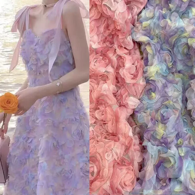 

3D-розетка Ткань 3D-роза Ткань 3D Красочная роза Шифон Цветочное кружево Ткань Тюль Изысканная свадебная повязка на голову 51 дюйм