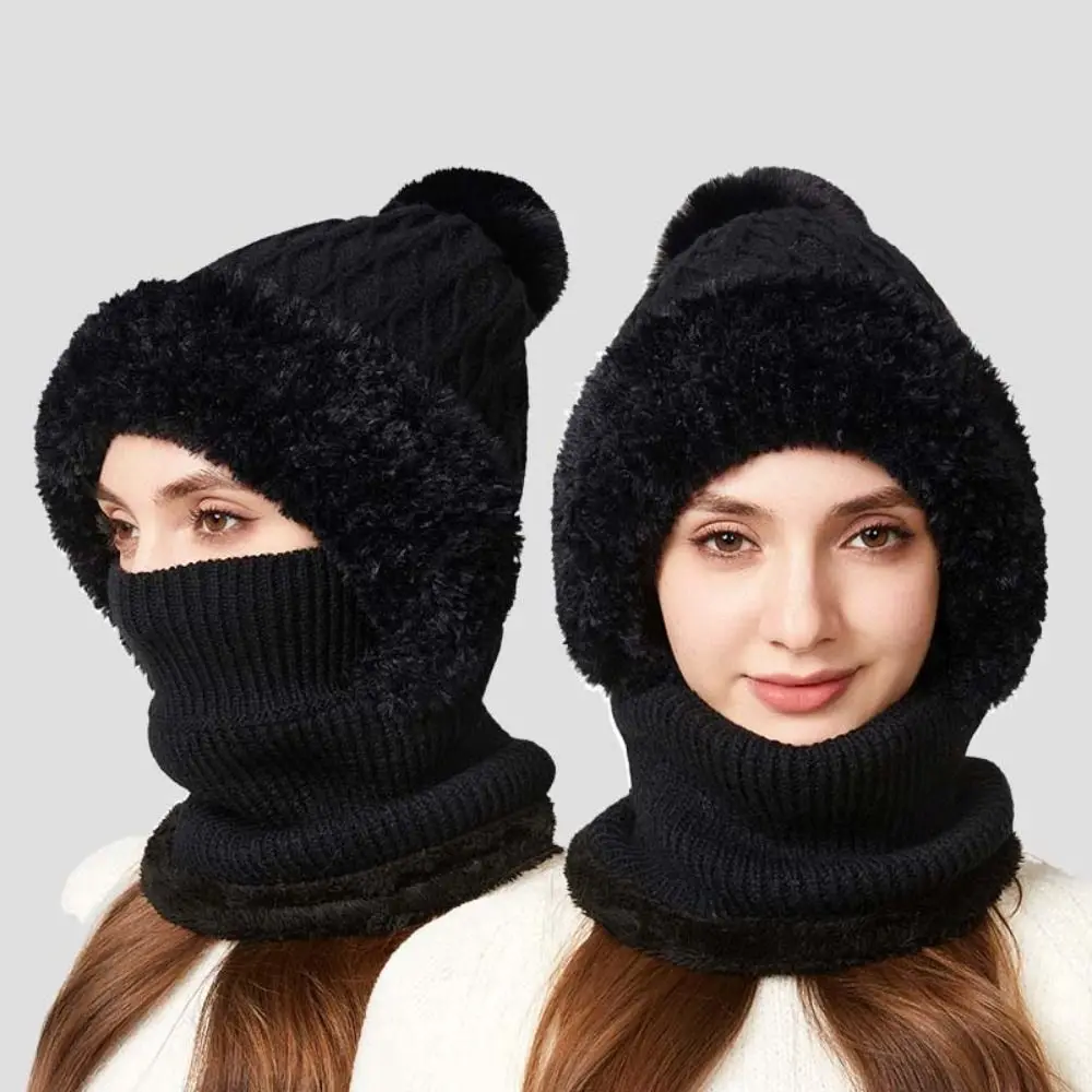 

Simple Plush Winter Cap Mask Set Windproof Solid Color 2in1 Scarf Hat Ear Protection Thicken Warm Balaclavas Hat Ski