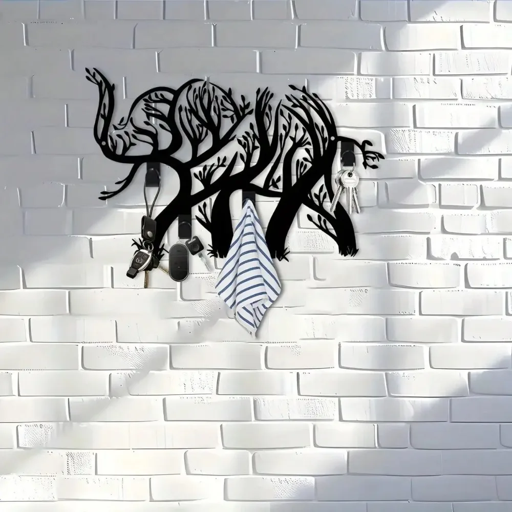 Metal Elephant Wall Art Key Holder, Tree-Shaped Entryway Organizer Space Saver for Hallway