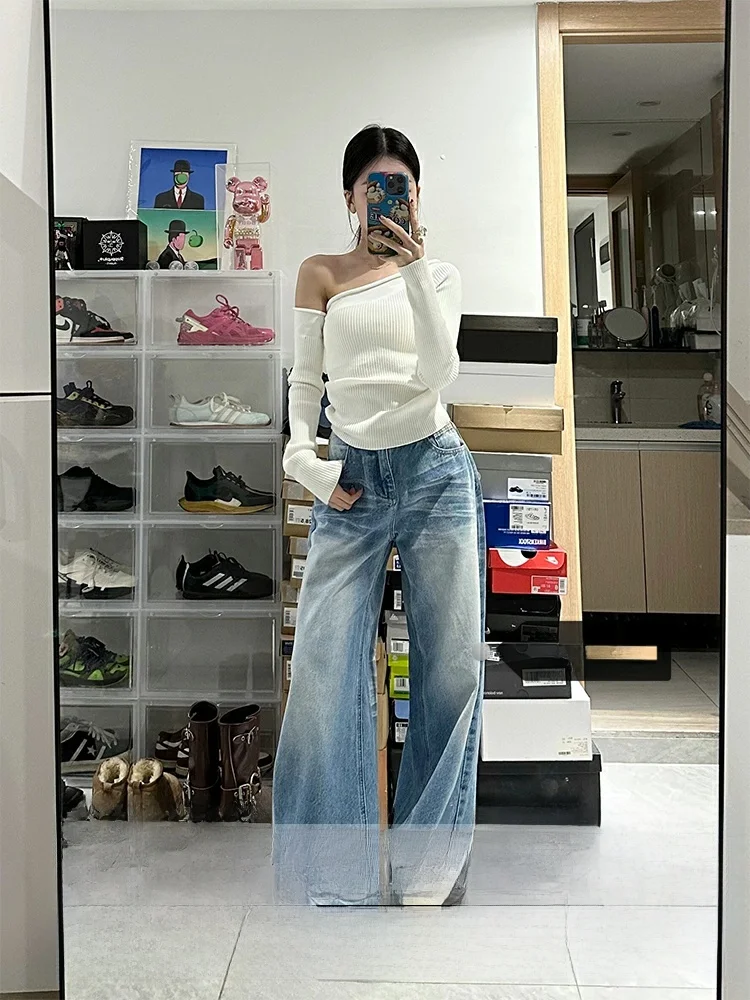 

High Waist Wide Leg Straight Cut American Waed Denim Jeans Women's Spring Trendy Floor Length Pants Loose Fit Vintage
