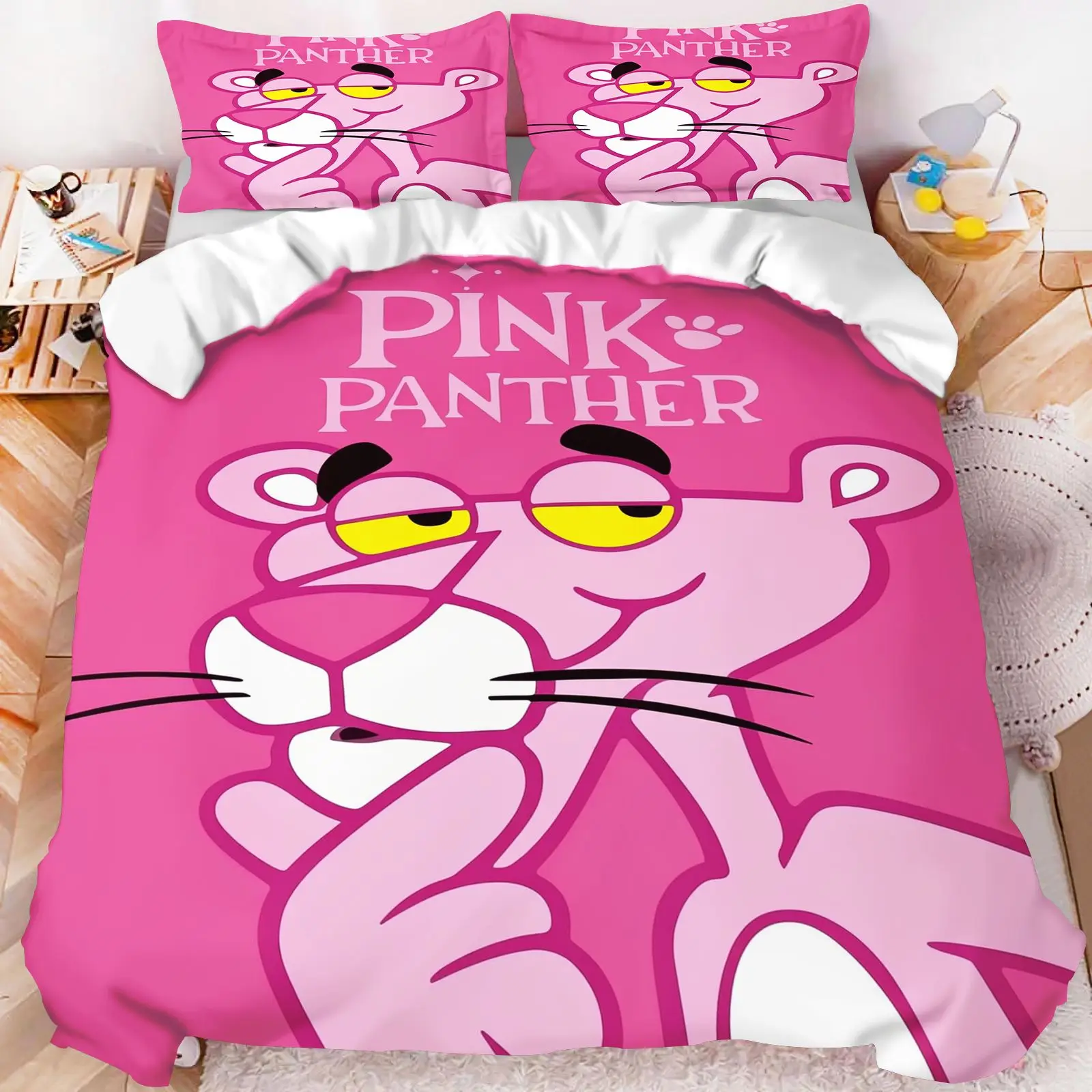 Pink Panther Cartoon  Duvet Cover Bedding Set Hot Pink Background Print Pillowcase Cute Girls Bedroom Quilt Cover Christmas