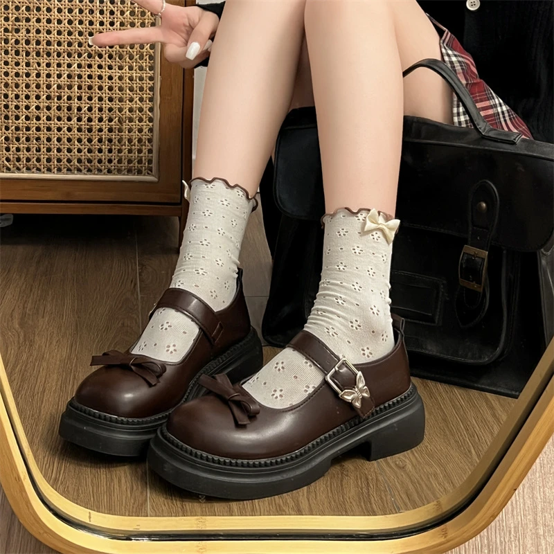 Vintage Sweet Mary Jane Shoes Women Bow Ornament Buckle Strap Thick Platform Lolita Party Shoes