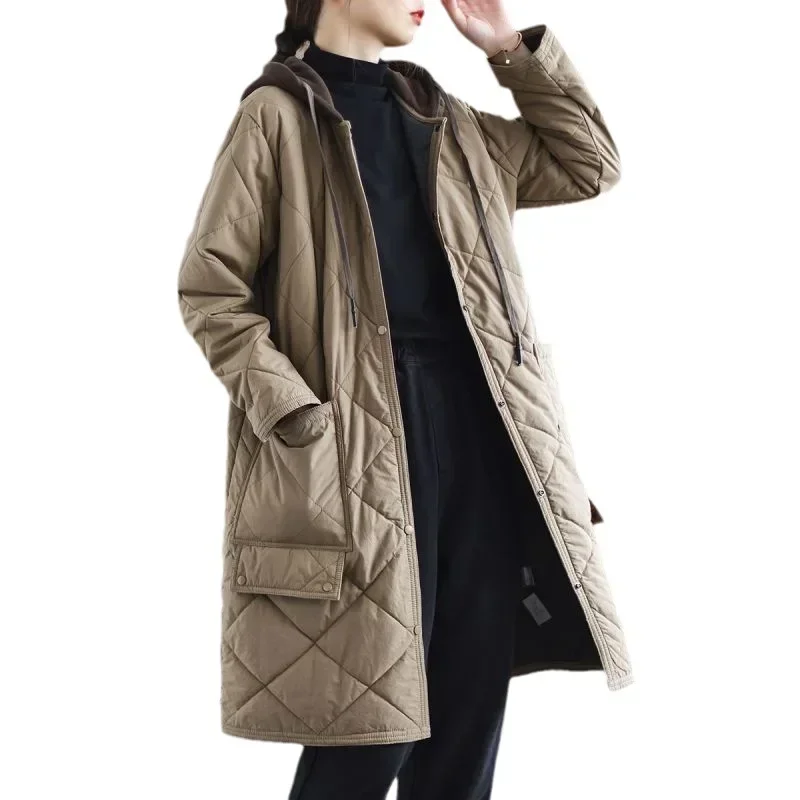 Winter Oversized 4xl Hooded Single-breasted Big Pocket Mid Length Women Coats Vintage Lightweight Warm Outwear New Loose Jackets