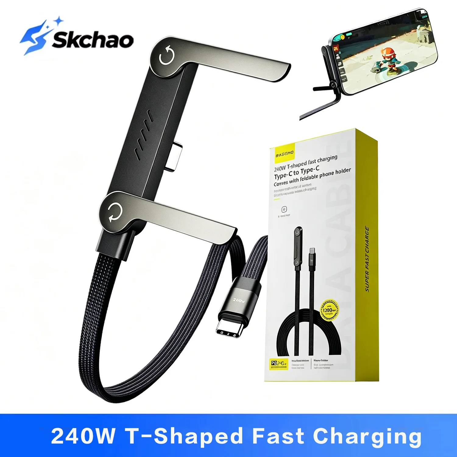 

240W Ultra Fast Charging Cable Type-C to C Elbow Foldable Stand Data Sync Cable Multifunctional Phone Holder For iPhone Samsung
