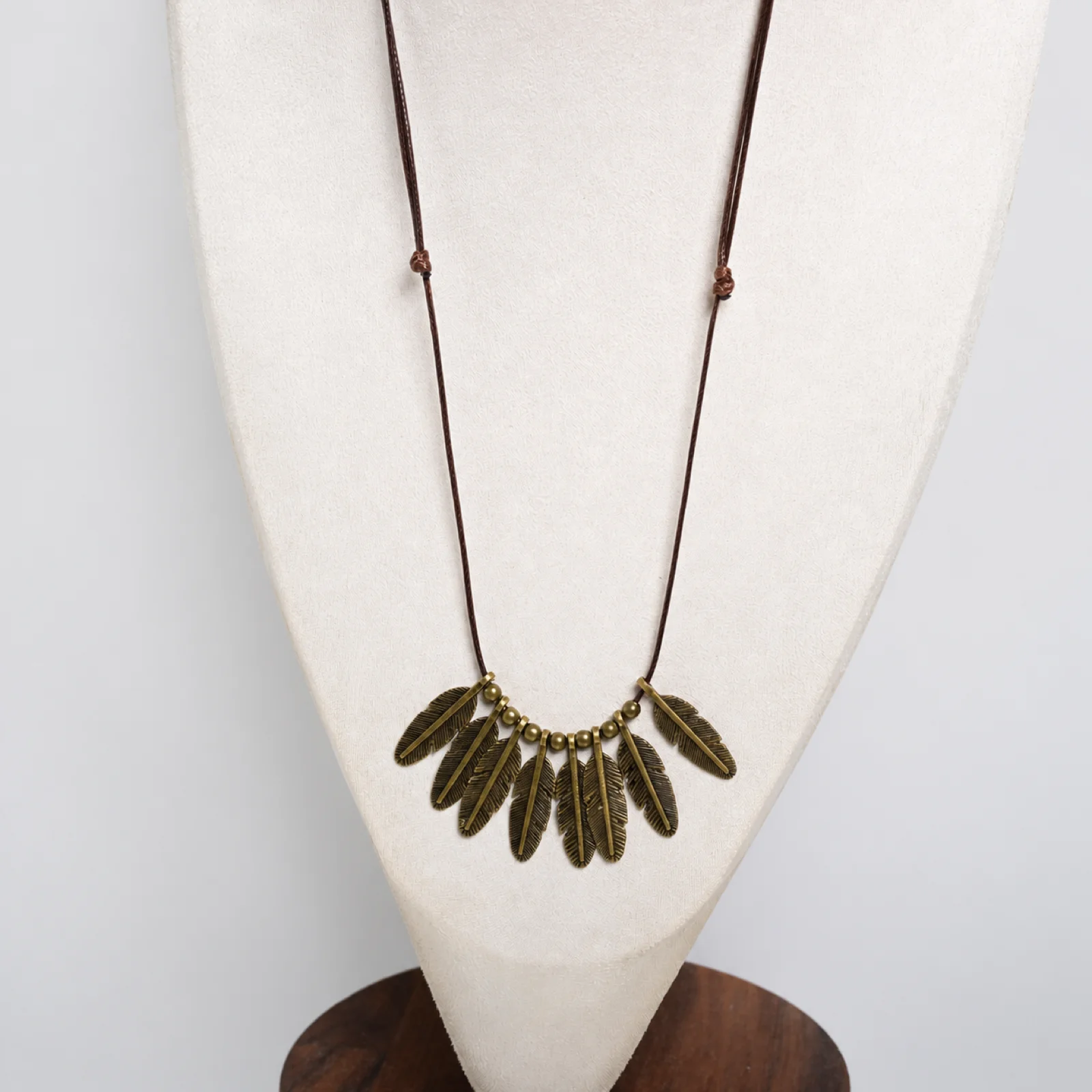 Handwoven Waxed Cord Feather Pendant Necklace with Alloy Accent Adjustable Boho Sweater Chain Artisan Jewelry 608P14-17