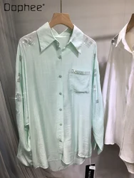 Camicia di protezione solare con strass a lettera semplice donna primavera estate camicia a maniche lunghe in tinta unita di media lunghezza allentata Top leggero