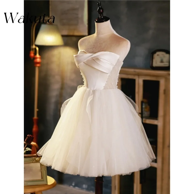 Wakuta Fluffy Strapless Sleeveless Solid Color Homecoming Dance Robe Elegant Graduation Gown 2024 A-line Cocktail Party Vestidos