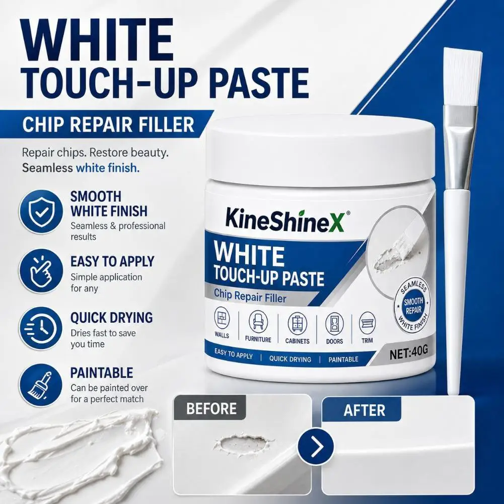 White Touch Up Paste Chip Repair Filler with Brush Fast Drying Wall Wood Furniture Scratch Crack Repair Cream for Baseboard Door