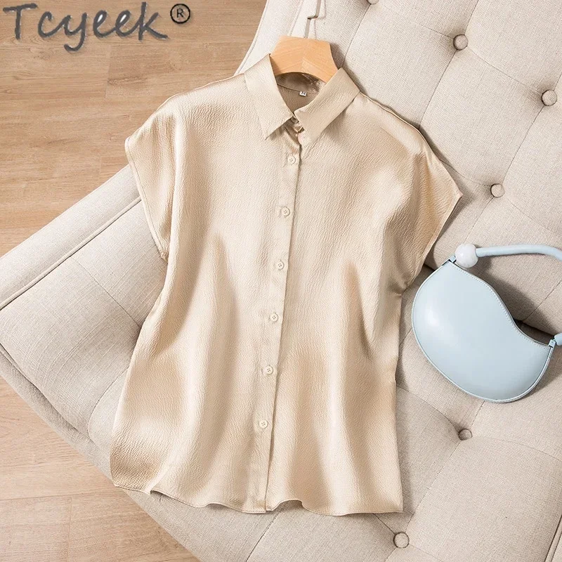 Tcyeek 100% Mulberry Silk Shirt for Women 2024 Elegant Women\'s Shirts Summer Clothes Short Sleeve Top Casual Рубашка Женская