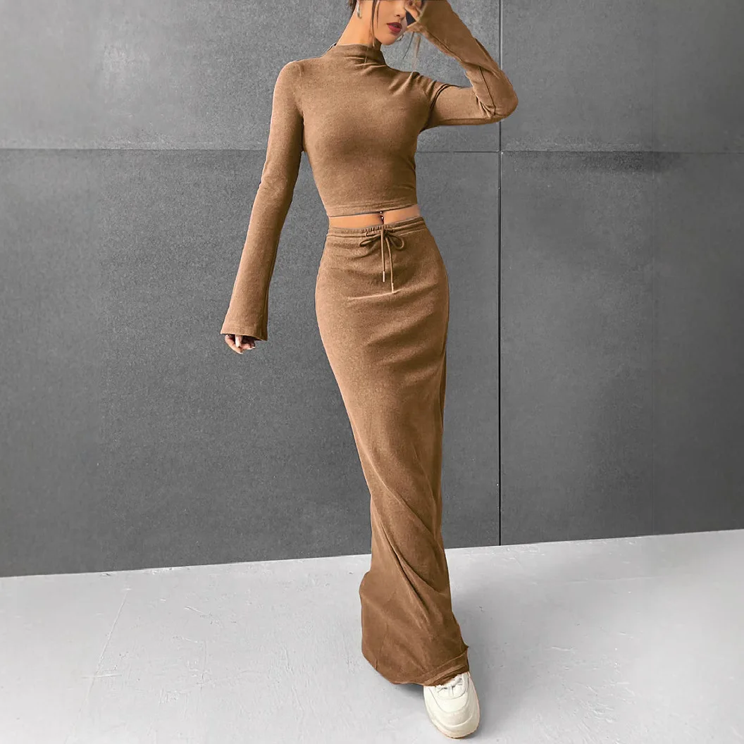 2024 Ebay European and American Foreign Trade Women's Solid Color Long Pants Long Sleeve Two Piece Set