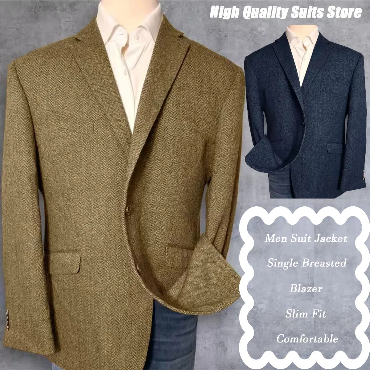 Mens Herringbone Suit Jacket Single Breasted Notch Lapel Slim Fit Stylish Comfort Breathable Blazer Work Attire Formal Coat New