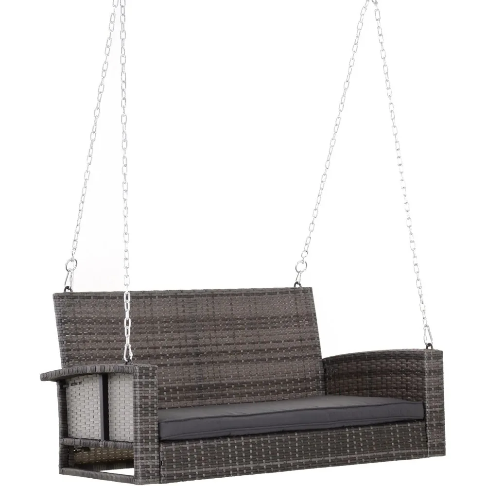 2 Person Wicker Hanging Swing Bench, Front Porch Swing Outdoor Chair with Cushions 550 lbs. Weight Capacity for Backyar