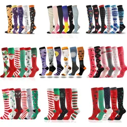 3/5/6 Pairs Compression Socks Halloween Christmas Socks Witch Pumpkin Snowman Tree Pattern Outdoor Hiking Socks Men Women Gifts