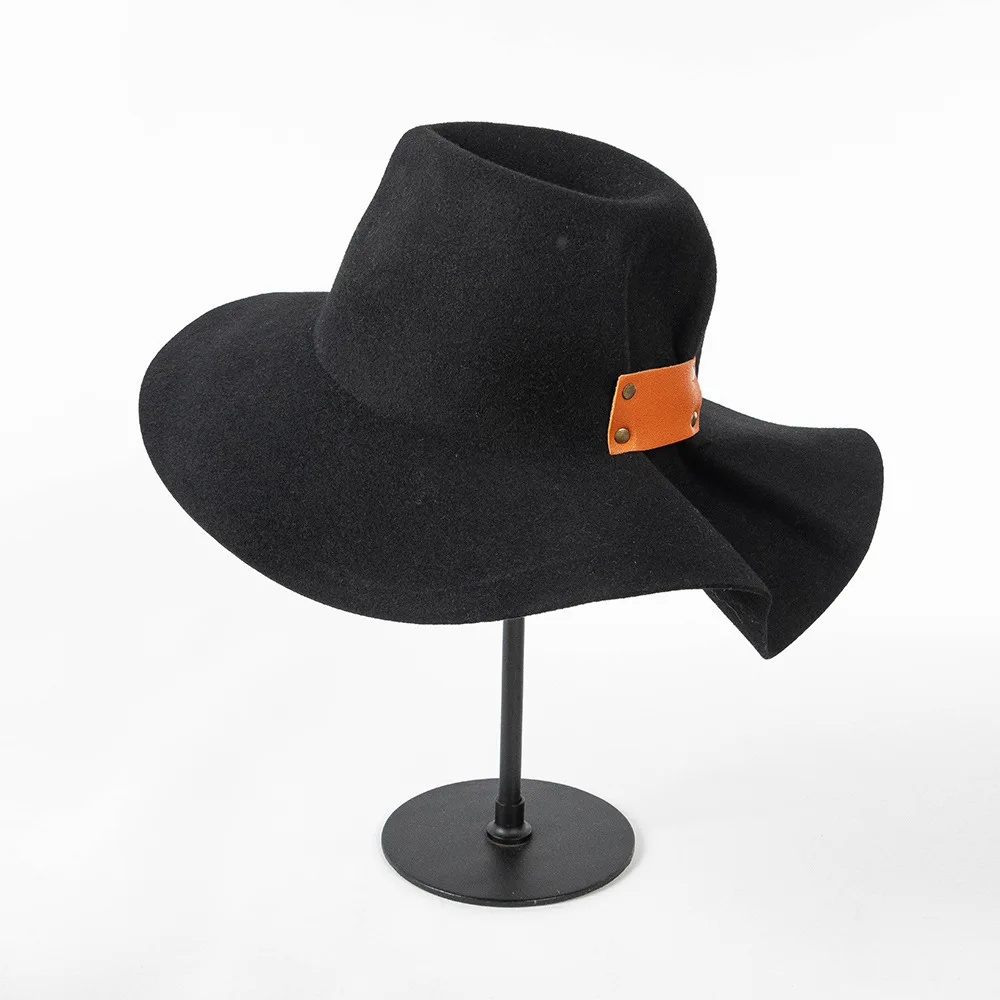 Autumn Winter New Fashion Casual Leather Rivet Pleated Tail Woolen Fedora Outdoor Warm Internet Celebrity Hat