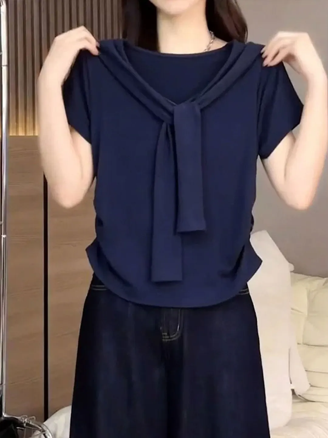 

Korean Style Sweet Fake Two-Piece Shoulder Short Sleeve T-Shirt Commute Slimming Beautiful Top Women Summer 2026 Straight Cut