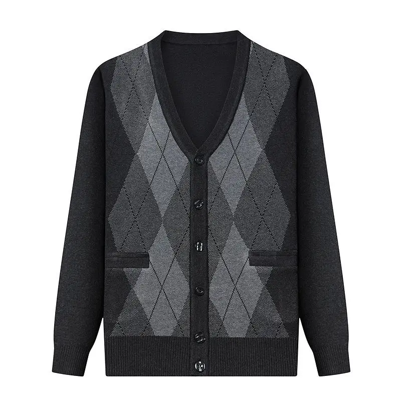 

2023 Men's Long-sleeved Plaid Sweater Cardigan Autumn and Winter Middle-aged and Elderly Loose Casual Bottoming Shirt G36