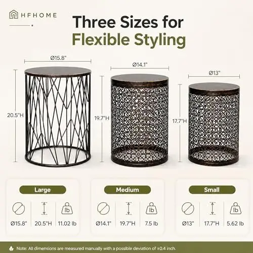 Set of 3 Heavy-Duty Round End Table, Side Table, Coffee Table for Indoor Multifunctional Use, Outdoor Decorative Garden