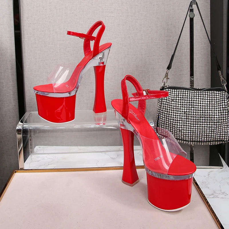 Summer Women Shoes 18CM Thick High Heels Peep Toe Sandals Platforms Ankle Strap Catwalk Shows PVC PINK RED Black Pumps