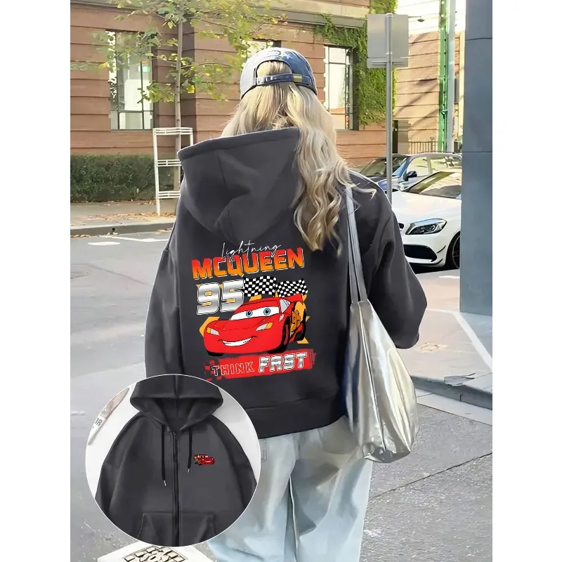 تصميم Disney Cars Lightning McQueen - سويت شيرت نسائي كاجوال مريح بجيب الكنغر وأكمام طويلة