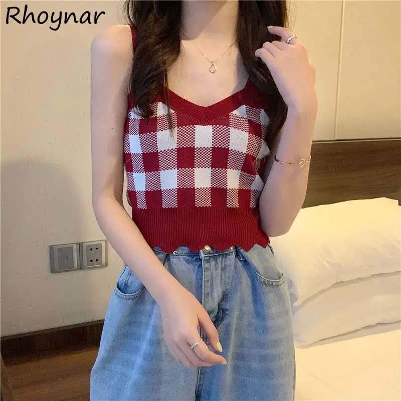 

Tanks Tops Women Crop Y2k Clothes Plaid Knit Kpop Fashion Harajuku 4-Colors Summer Hot Girls Sweet Sexy Temper Vintage