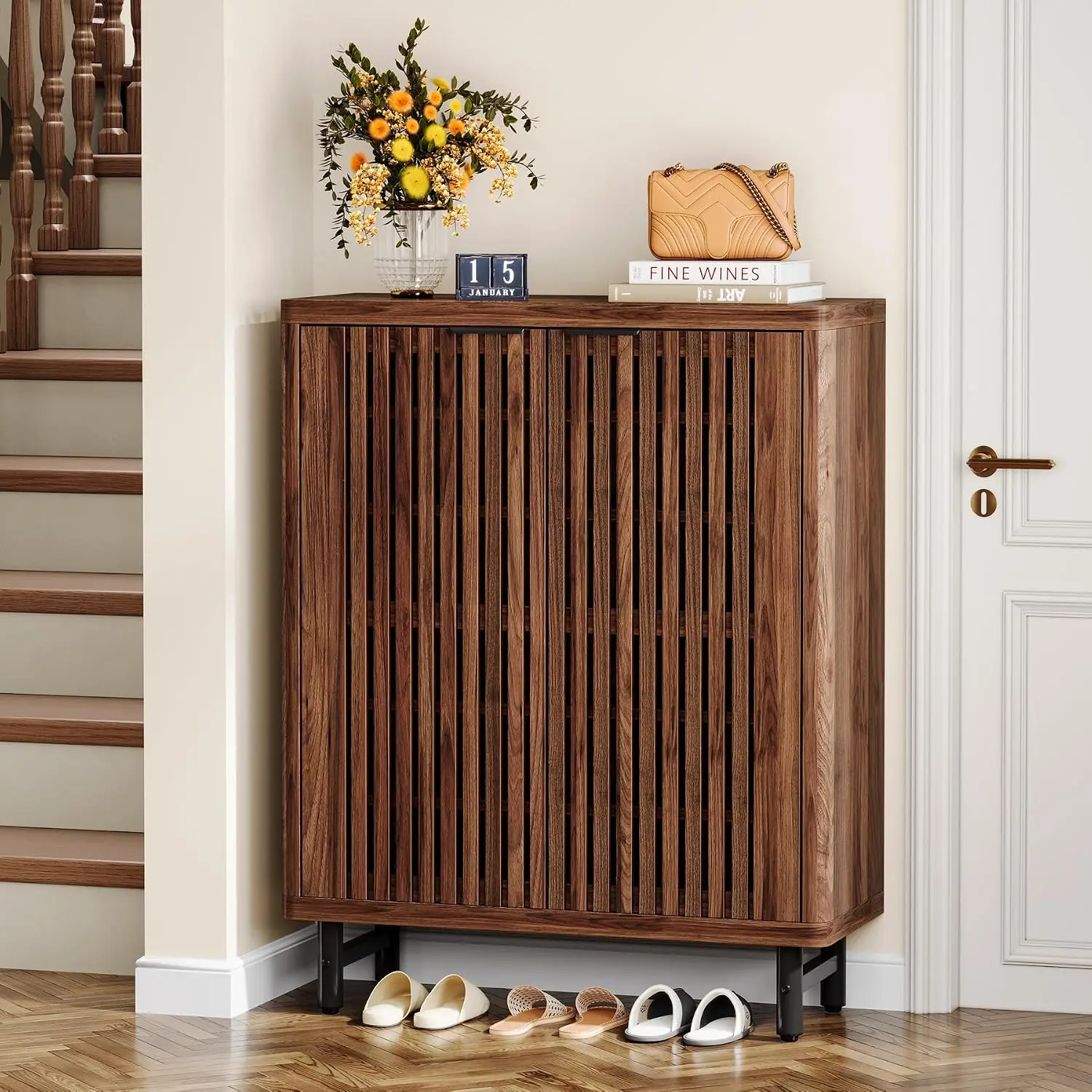 Wooden Shoe Rack with Shutter Doors 6-Tier Shoe Cabinet Farmhouse Storage Hallway Entryway Black & Brown, Customized