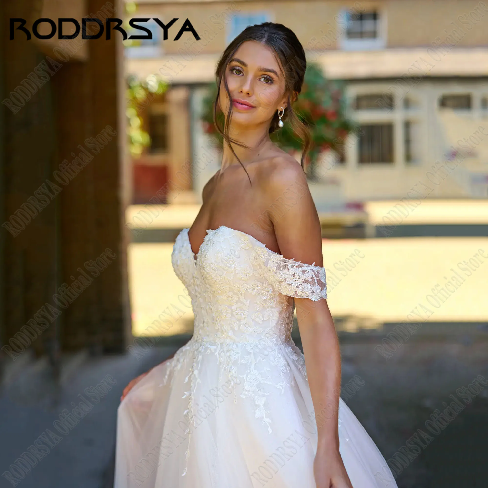 RODDRSYA حبيبته الدانتيل فساتين الزفاف للمرأة أنيقة على شكل حرف A-خط قبالة الكتف Vestidos De Novia زين تول عاري الذراعين مخصصRoddrsya السيدات الحلو الدانتيل فستان الزفاف الأنيق حرف واحد فقط الكتف صدرية دي نوفيا الشارات