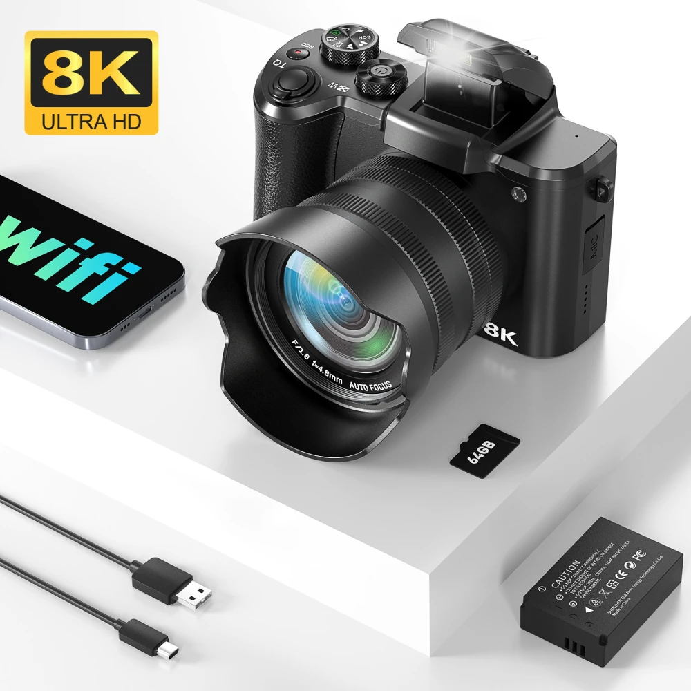 كاميرا رقمية 8K للتصوير الفوتوغرافي، كاميرا تسجيل فيديو بعدسة مزدوجة أمامية وخلفية مع ضبط تلقائي للصورة، شاشة لمس WiFi 16X تكبير رقمي