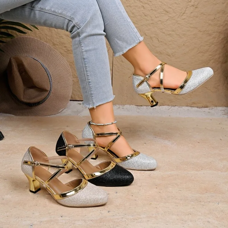 Ladies Latin Dance Shoes Square Social Dance Outdoor Women Soft-soled Adult Middle Heel Lady's high-heeled sandals