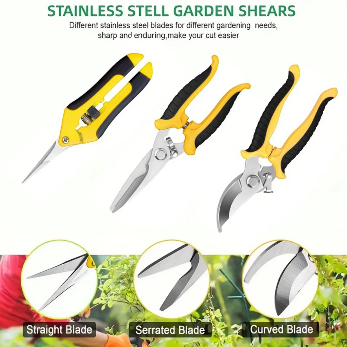 Tesouras de poda de jardim de jardinagem de 3 peças - ferramentas multifuncionais de jardinagem e cuidados com galhos, poda de árvores, tesouras para colheita de frutas,