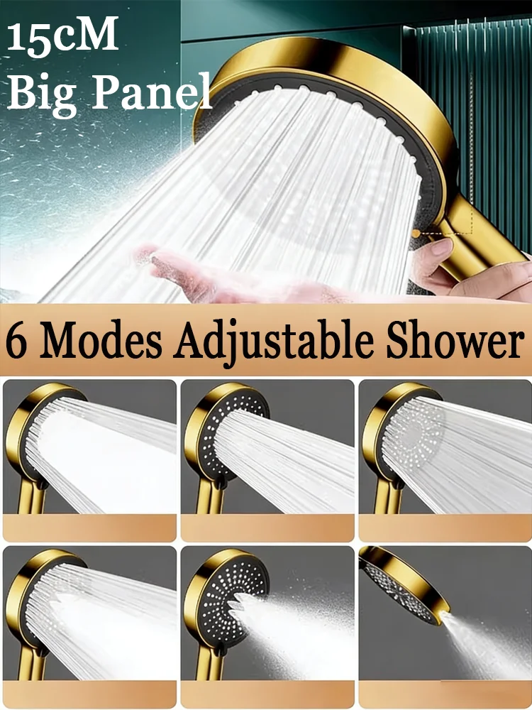 

Golden Series Pressure Boost Shower Head 3/6 Modes Adjustable High Pressure Spray Nozzle Massage Showerhead Bathroom Accessorie