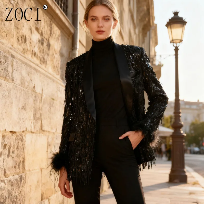 

ZOCI Лоскутные пиджаки с кисточками для женщин, уличная мода, дизайнерский пиджак, женское пальто с длинным рукавом и зубчатым воротником, новинка осени 2023 г.