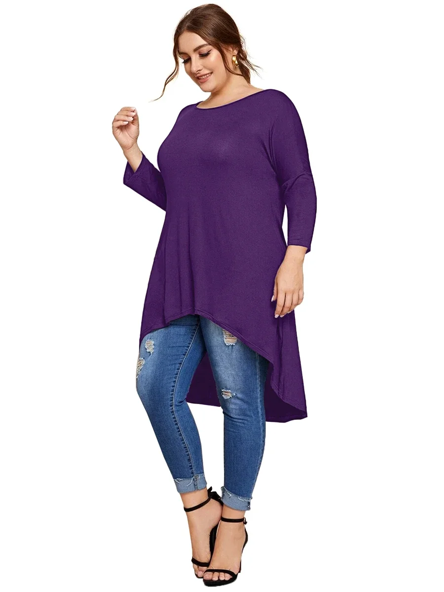 Plus Size Lange Mouw Lente Herfst Casual Hi Lage Tuniek Tops Lange Losse Pasvorm Flare Basic Swing Blouse T-Shirt Grote Maat Tops 8xl