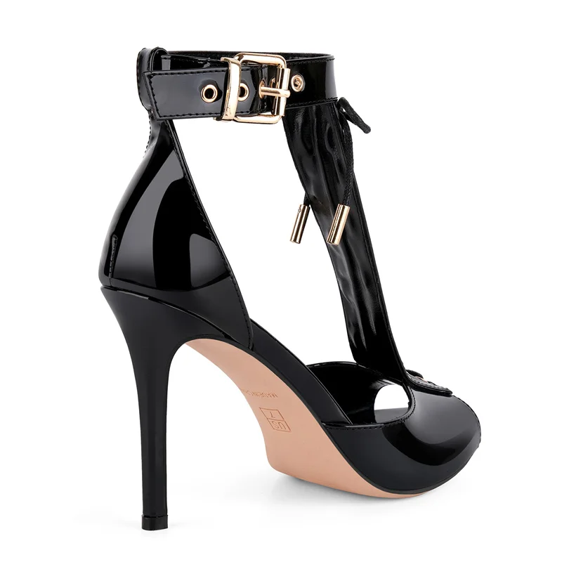 Onlymaker Women Open Toe T-Strap Lace-up Buckle Patent Leather Sandals Party Wedding Thin Heels Sandals view 2