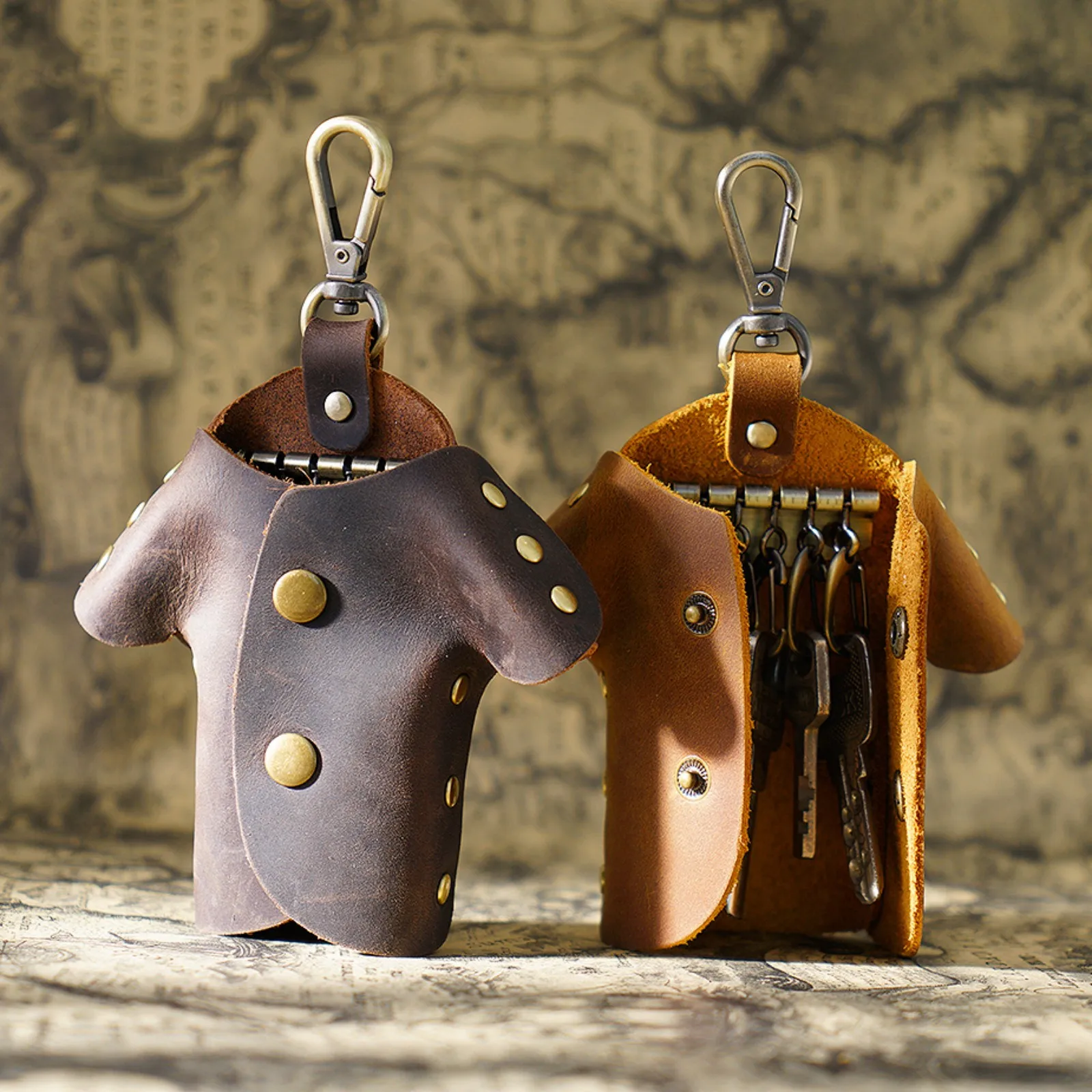 Creative Key Holder Case Genuine Leather Anti-Lost Key Organizer with 6 Hooks for Men Women