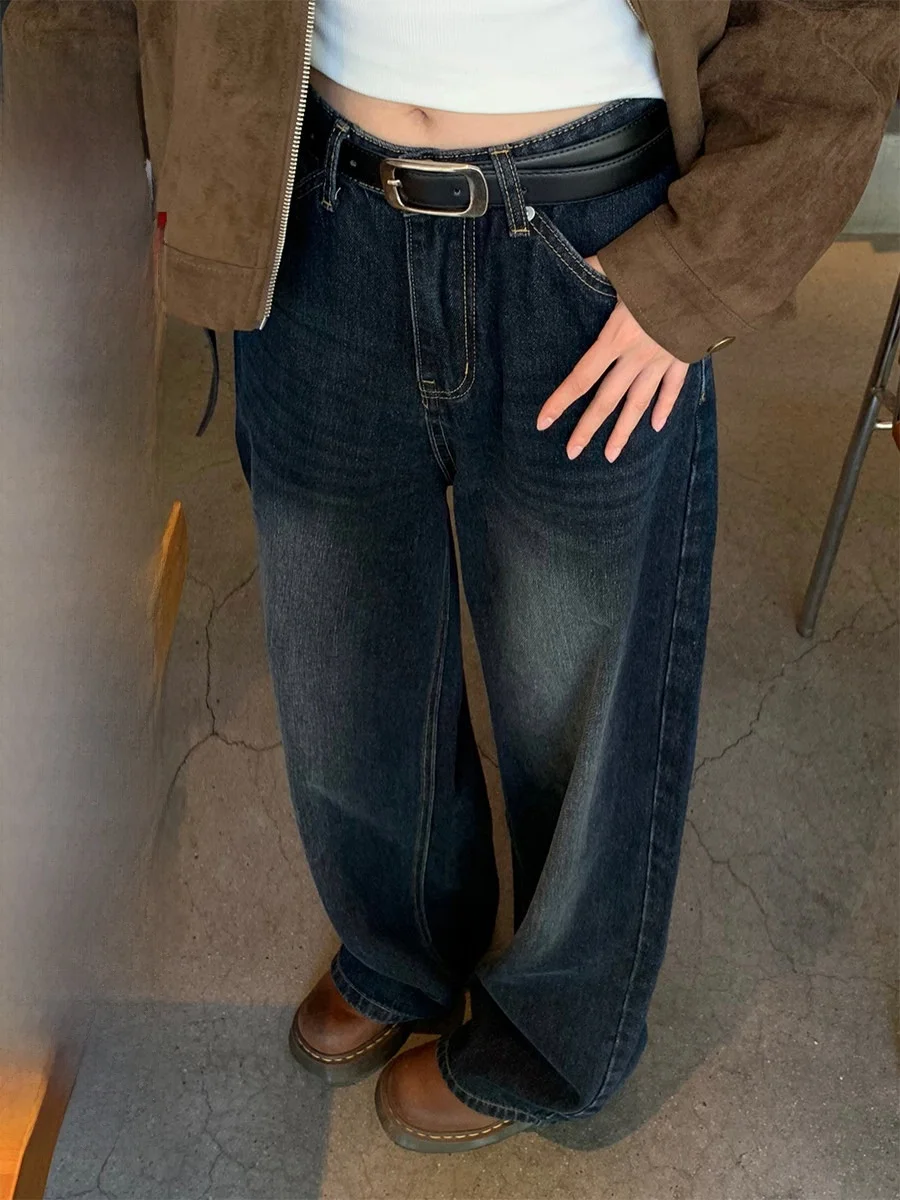 

RAINY Широкие джинсовые джинсы с высокой талией, женские винтажные прямые брюки-трубы с завышенной талией, осенний сезон, повседневные джинсы с высокой талией