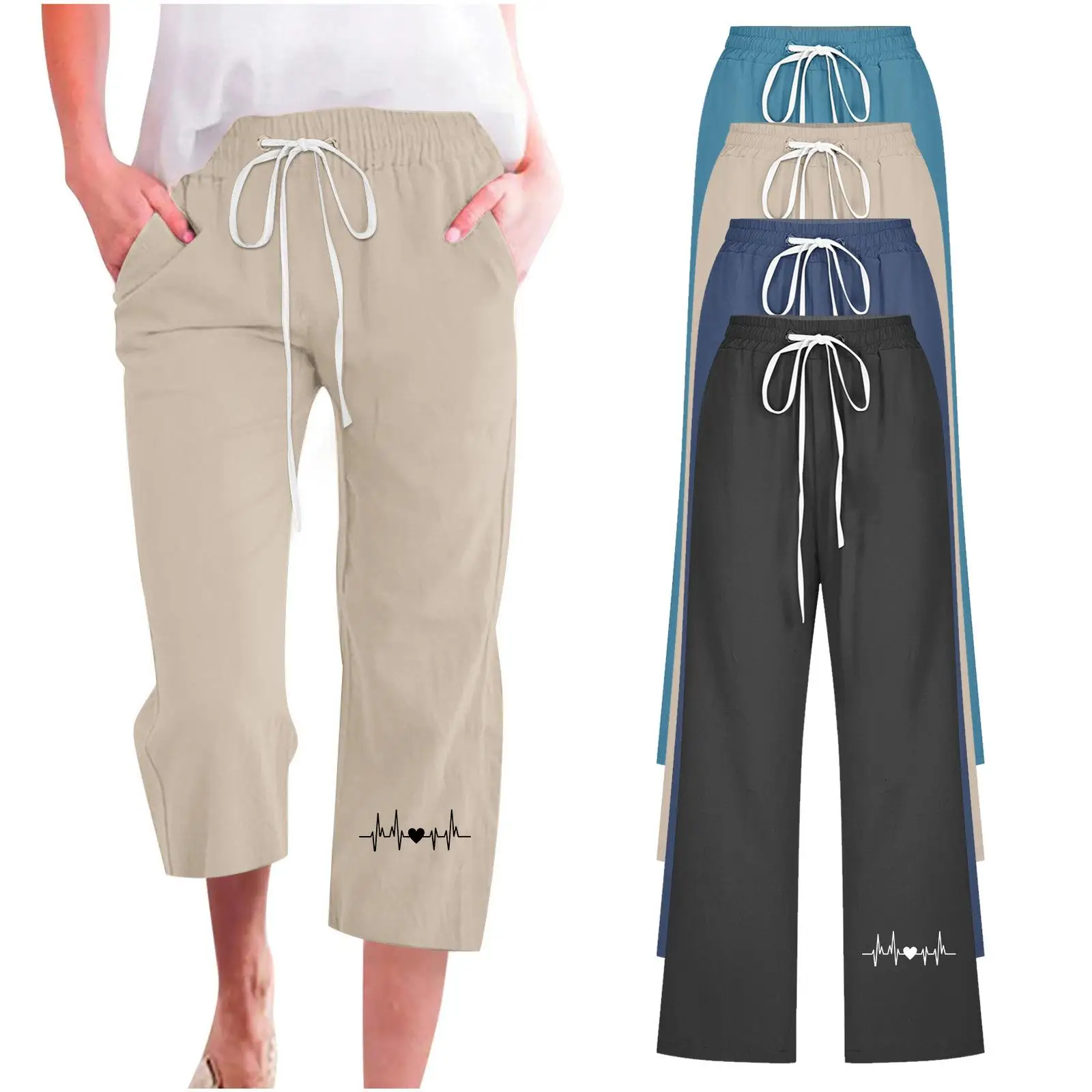 

Женские укороченные брюки с принтом в форме сердца, прямые льняные брюки с эластичной резинкой на талии, повседневные летние модные женские брюки