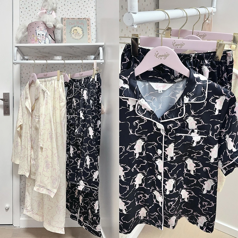 Spring and Summer Long Sleeve and Short Sleeve Cartoon Cat Printing Polyester Silk Cute Ice Silk Loungewear Pajama Suit Women