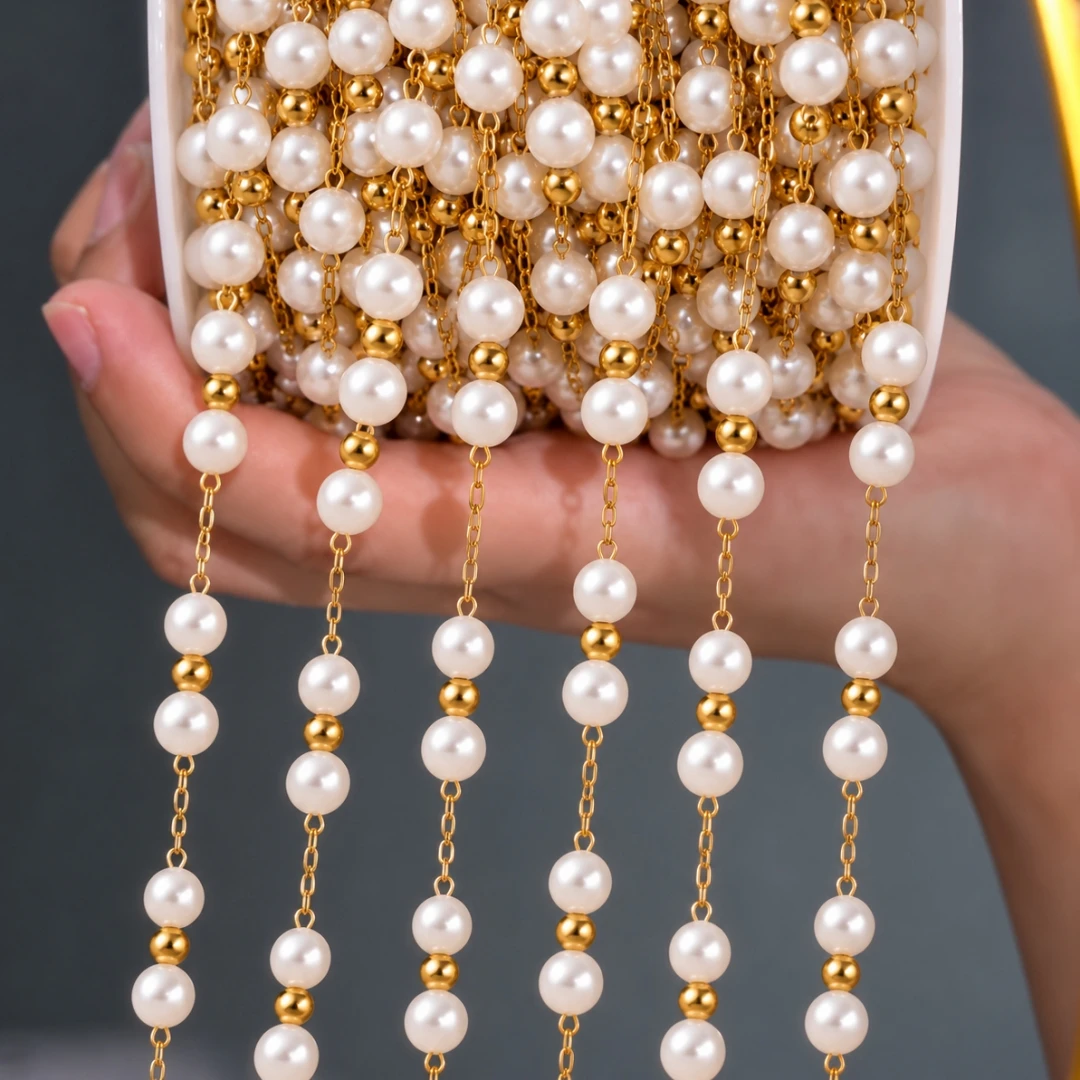 0.5Meter 1Meter Gold Plated Stainless Steel Faux Pearls Beaded Cable Link Chains Spool for Necklace Bracelet Jewelry Making DIY