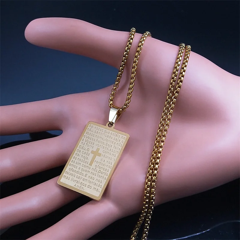 Chrisitian Cross Bible Verse Prayer Necklace Stainless Steel Portuguese Religious Necklaces Jewelry collar hombre N2035S02 view 2