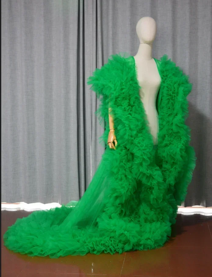 Abito da giacca lungo completo di lusso con volant Mantello in tulle Cappotto da sposa Abbigliamento da sposa Cappotto da palcoscenico di moda Abito da ballo personalizzato personalizzato